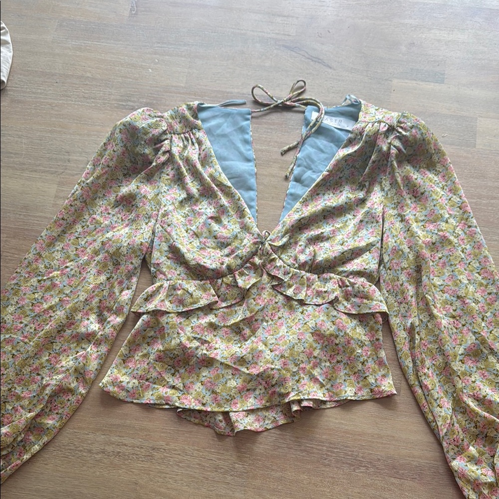 Astr Cream Ruffled back tie Blouse